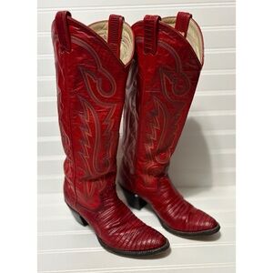 Larry Mahan Vintage 1984 Solid Red Lizard Knee High Cowboy Boots Womens Size 6 M